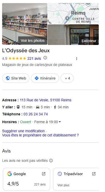 L’Odyssée des Jeux, client de Connecto, a soigneusement optimisé sa fiche Google.